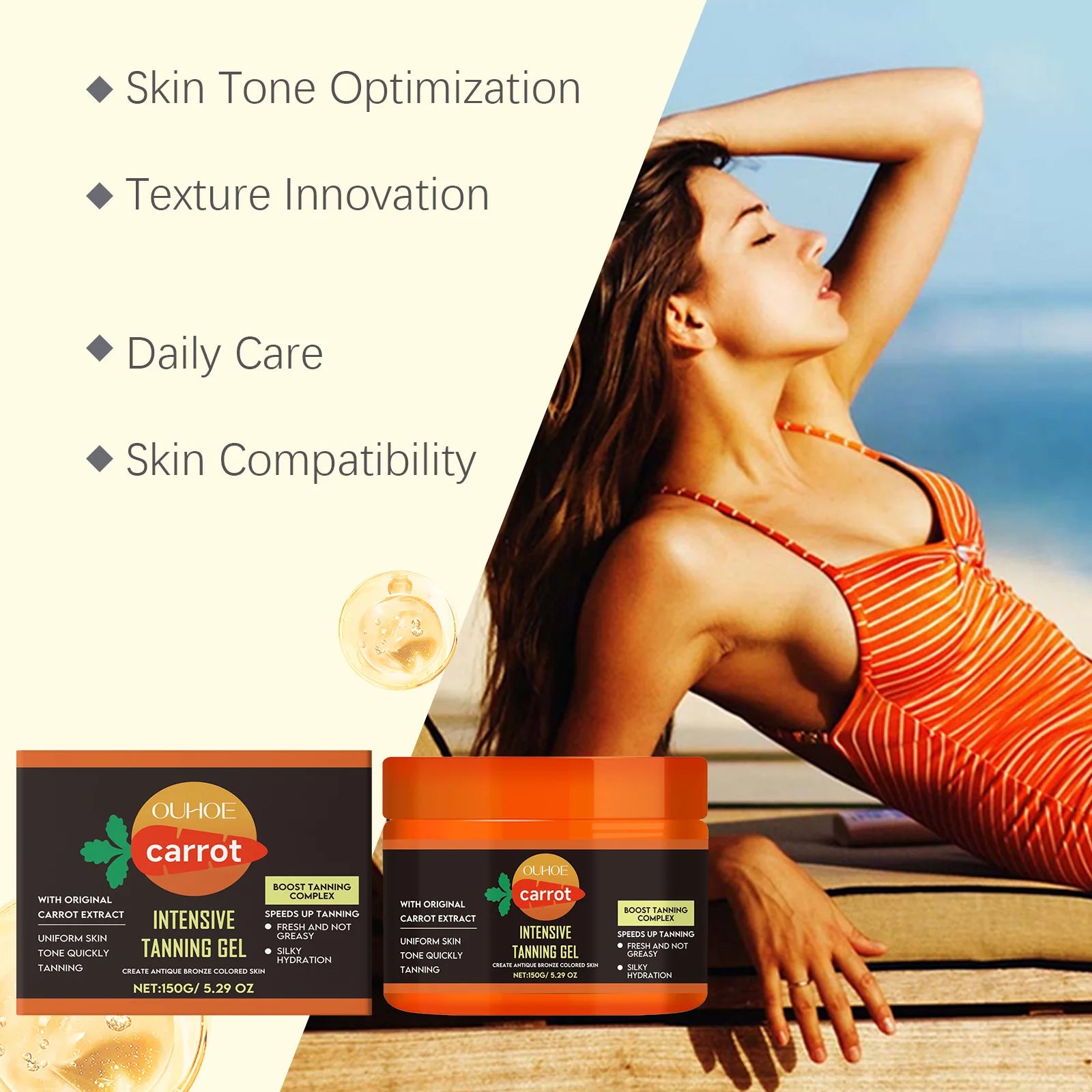 Carrot Tanning Gel Hydrating Lightweight Fast Absorbing Bronzing Gel Moisturizing Natural Sunless Tan Enhancer for Face & Body Oasis Select
