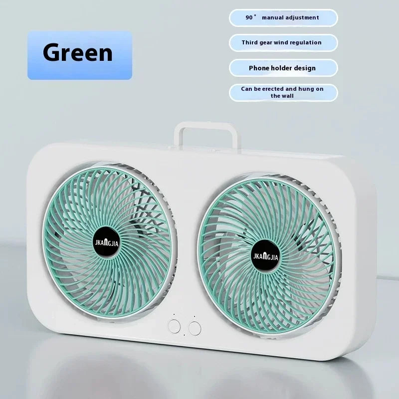 Dual Head Wall Mountable Desk Fan USB Rechargeable 3 Speed Quiet Portable with Large Battery for Living Room Office Dorm Oasis Select Green