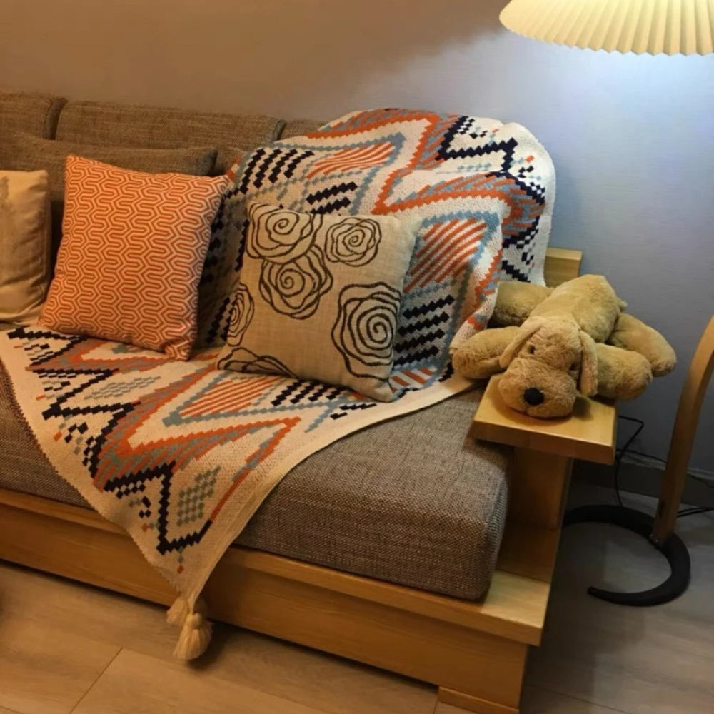 Bohemian Ethnic Tassel Knitted Throw Blanket Nordic Lightweight Summer Air Conditioner Sofa Bed Cover Homestay Decor Oasis Select