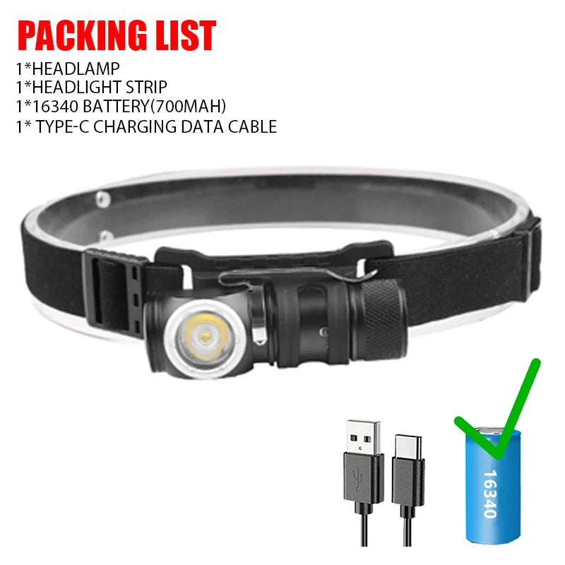 Powerful P8 LED Headlamp Type-c Rechargeable Head Flashlight with Magnet Tail 3 Modes Lighting Outdoor Camping Fishing Lantern Oasis Select With 16340 Battery 3Pcs