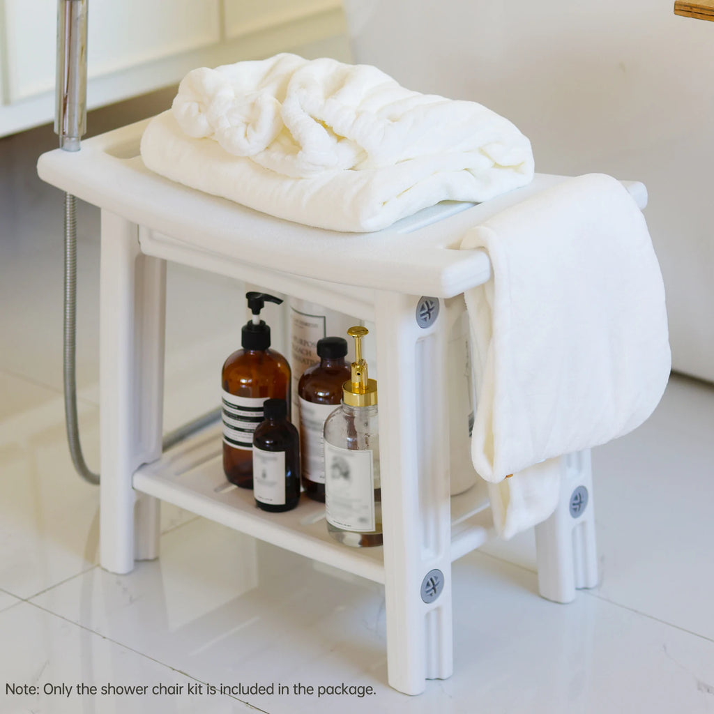 HDPS Shower Benches Durable Shower Chair 2-tier Storage Spaces and Dual Handles Waterproof Stool with Non-slip Pads for Shaving Oasis Select
