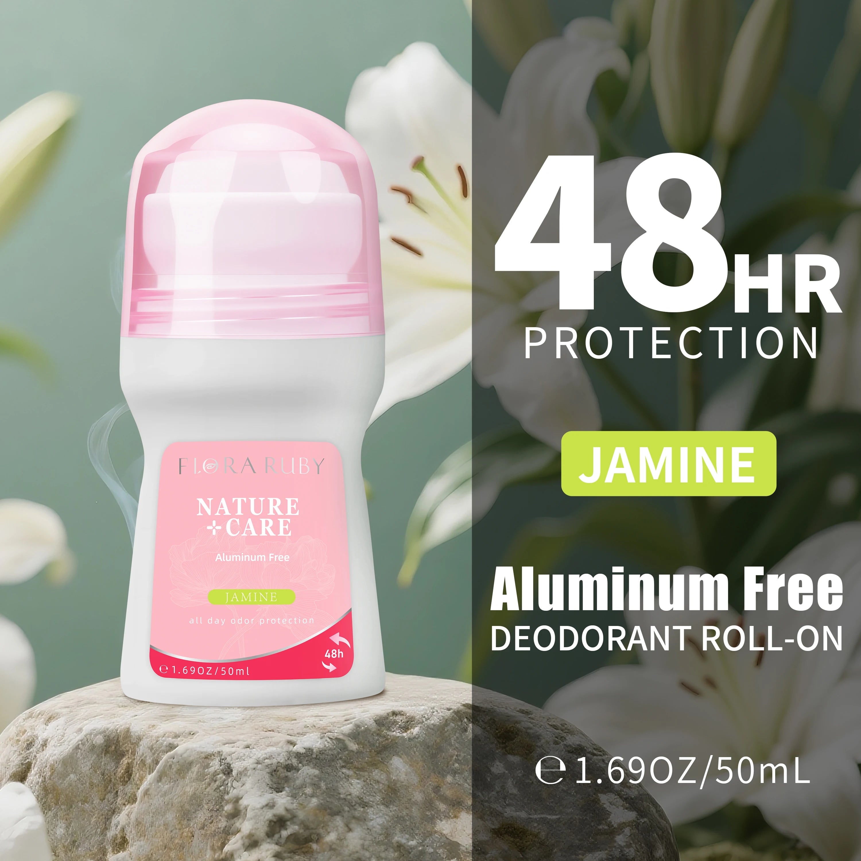 Flora Ruby Light Pink Series Deodorant Roll On Women All-Purpose Deodorant Roll Aluminum Free Easy to Carry Oasis Select Jasmin