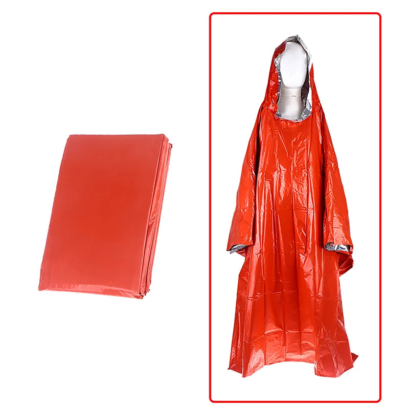 Hooded Waterproof Emergency Rain Poncho with PE Thermal Blanket for Outdoor Camping Hiking Travel Motorcycle Rain Gear Oasis Select Orange