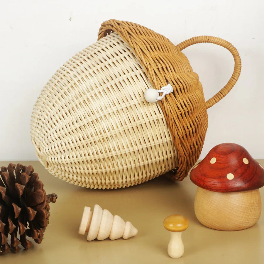 Acorn Handbag Handmade Rattan Mushroom Storage Box Children's Toy Basket Woven Storage Basket Photography Props Oasis Select E 24x20x20cm