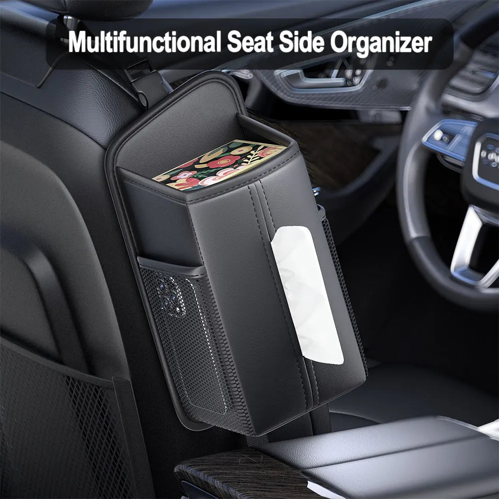 Leather Car Seat Side Organizer | Tissue, Phone & Cup Holder