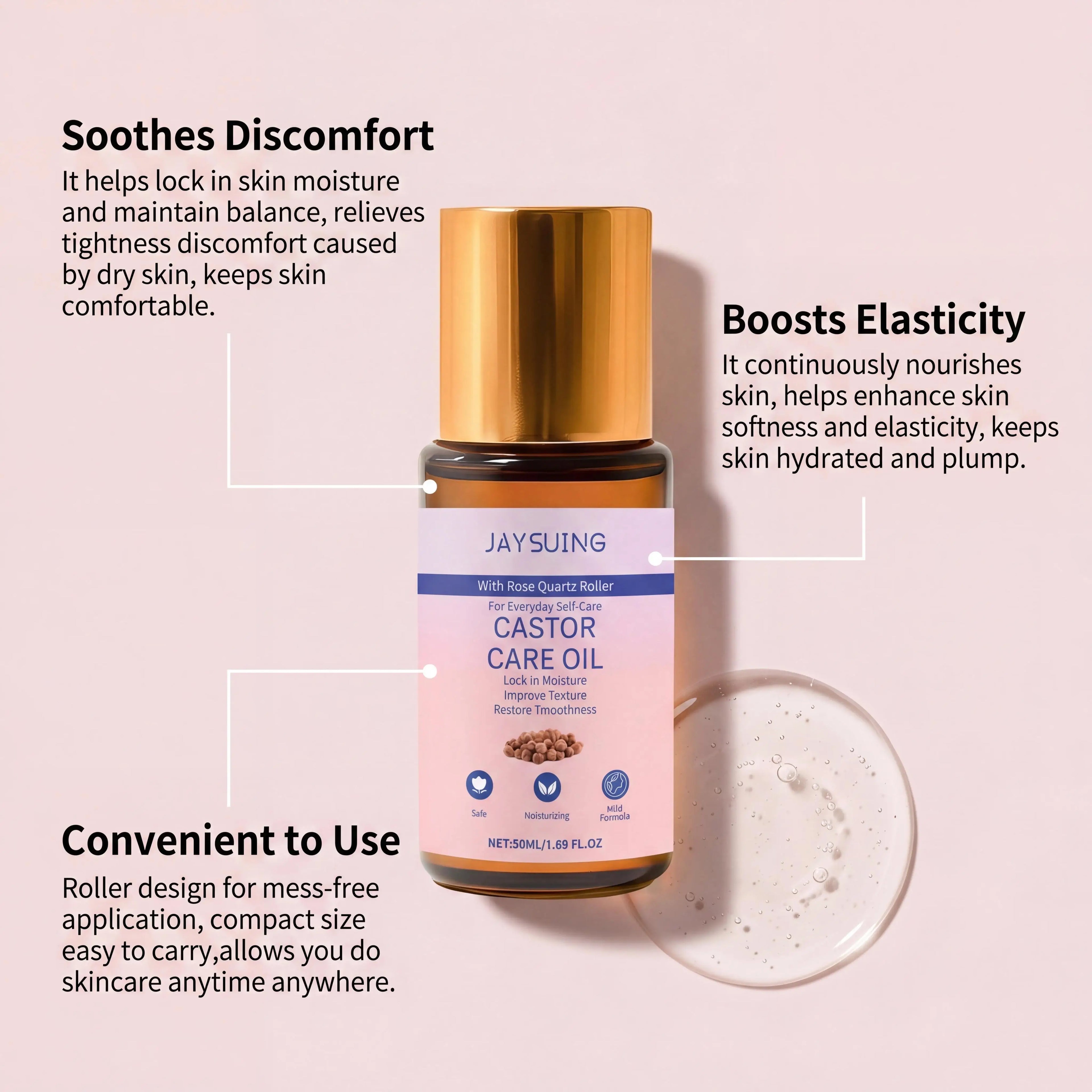 Organic Castor Oil & Rose Quartz Roller – Skin & Hair Care Castor Oil Roller Oasis Select