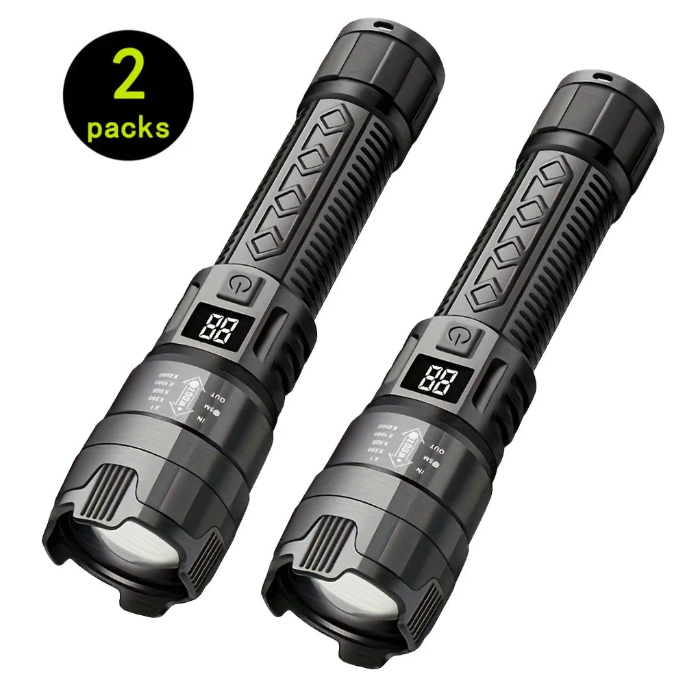 High Power LED Flashlight with Battery Display USB Rechargeable Light Telescopic Zoom Torch Lamp Outdoor Camping Fishing Lantern Oasis Select 1PC 2PCS ZOOM