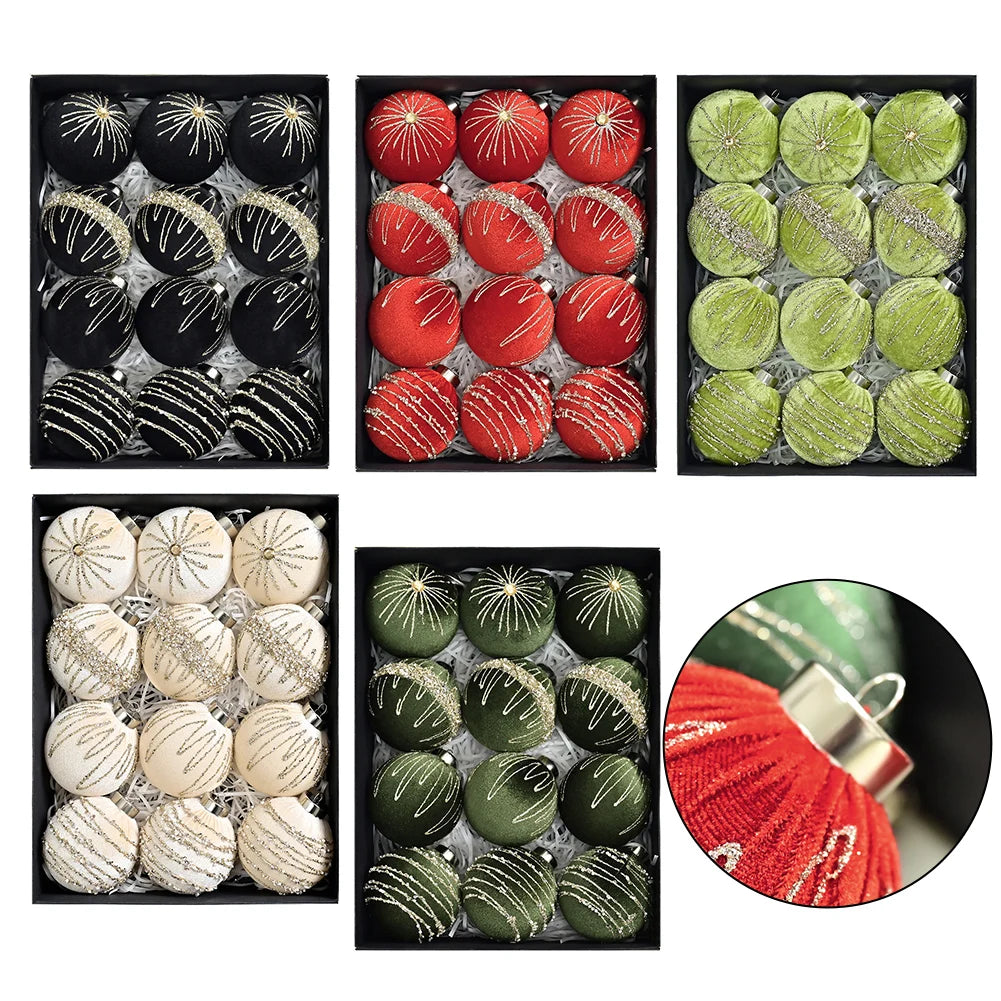 12-pcs 8cm Flocked Velvet Christmas Tree Ornaments Set Fit For Elegant Holiday Decor Christmas Charms Home Decor Xmas Hanging Oasis Select