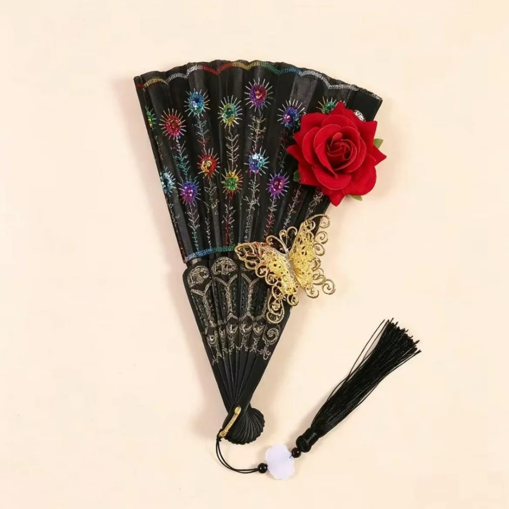 Sequin Embroidered Rose Lace Folding Fan with Tassel - Vintage European Handheld Fan for Cosplay Halloween Party Supplies Oasis Select