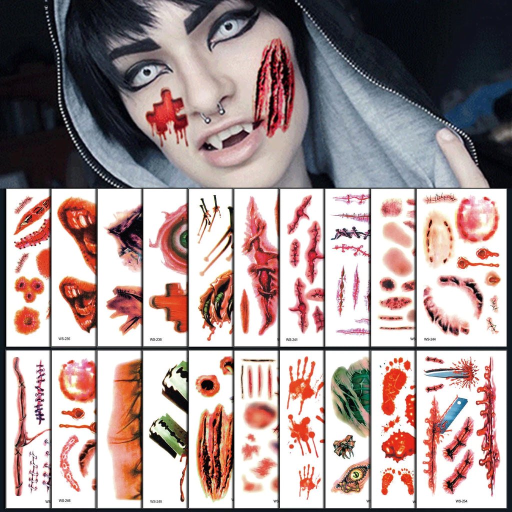 Halloween Wound Scar Tattoo Stickers – 10 Sheets, 120+ Designs Temporary Tattoo Stickers Oasis Select