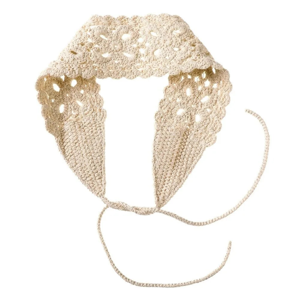 Boho Floral Headband Handmade Solid Color Knit Hair Band Hollow Out Crochet Hair Scarf Oasis Select Beige