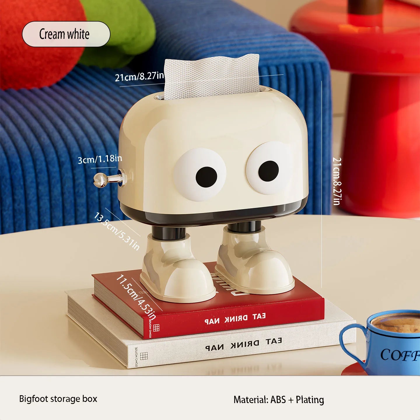 Cute tissue box. Tissue holder with a spring mechanism. Features a cute cartoon eye design, perfect for living room Oasis Select WHITE