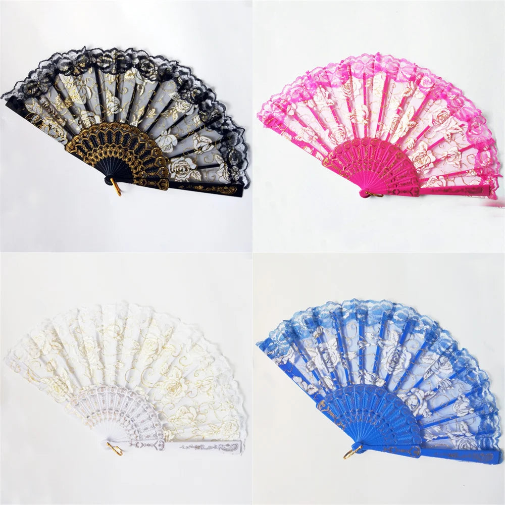 23 Colors Lace OR Cloth Spanish Fabric Silk Folding Hand Held Dance Fan Flower Party Wedding Prom Dancing Summer Fan Accessories Oasis Select