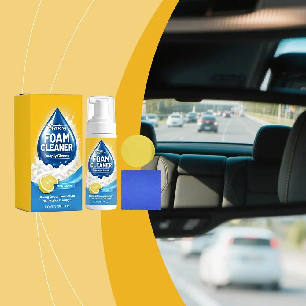 Car Interior Foam Cleaner Set – Lemon Scent, Sponge & Towel