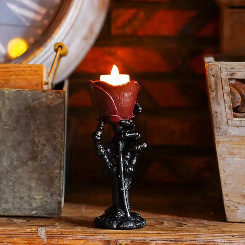 Halloween Skeleton Hand Rose Candlestick Decoration A Resin Home Retro Romantic Candlestick Atmosphere Decoration Oasis Select