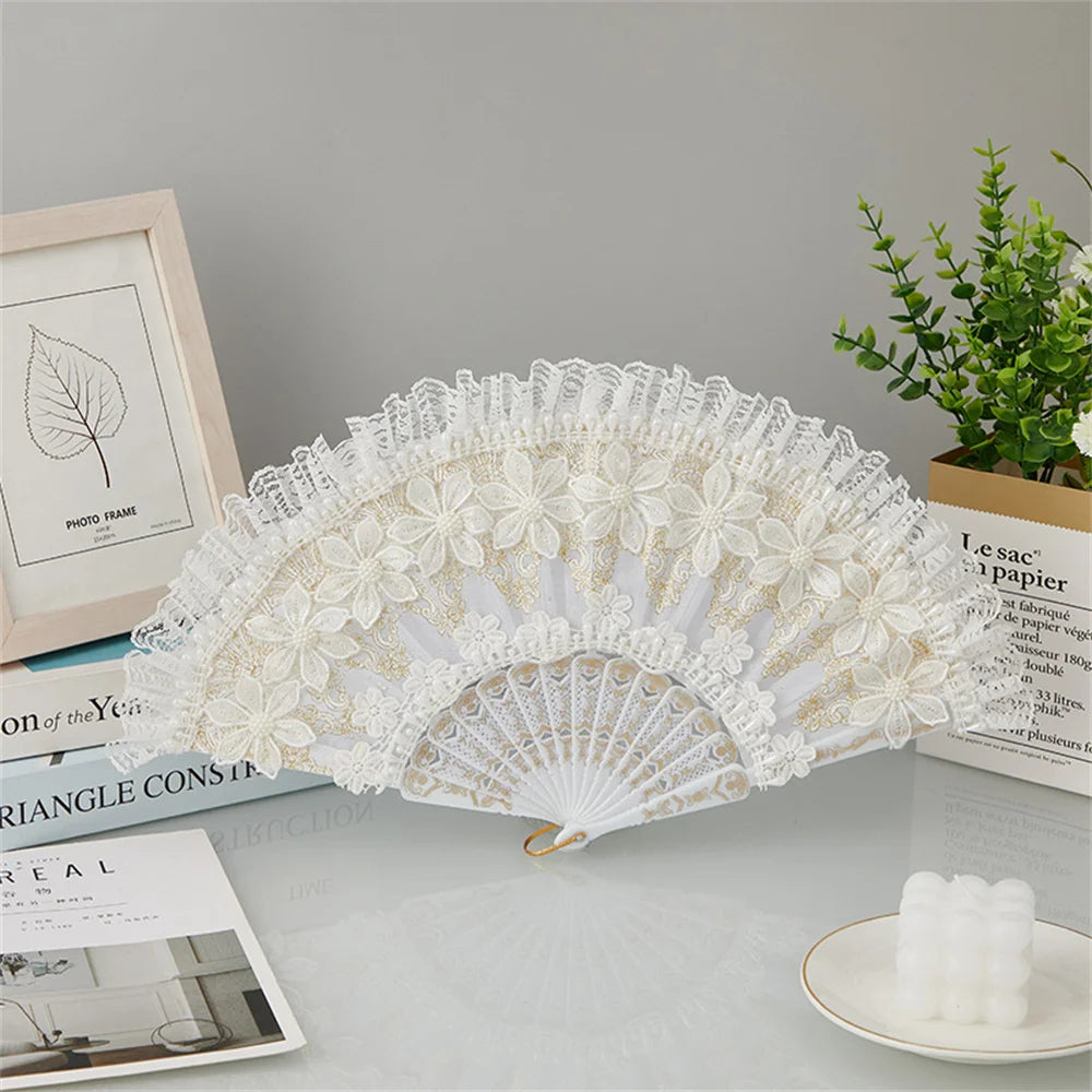 Fashion Wedding White Lace Folding Fan Plastic Wedding Cosplay Party Home Decorative Fan Ancient Bride Hand Fan Decoration Oasis Select