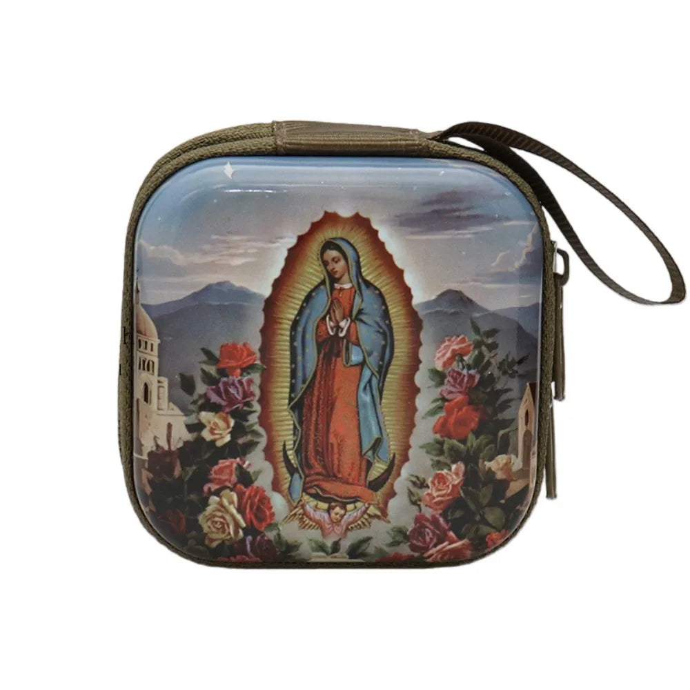 Virgin Mary Prayer Rosary Storage Bag Iron Artwork 7x7cm Religious Articles Cartoon Zippered Religious Jewelry Box Oasis Select B
