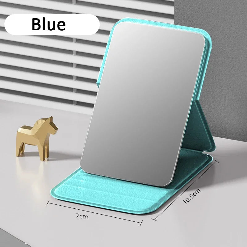 Woman MINI Folding Makeup Mirror High-quality Portable Pocket Makeup Mirror Single-side Creative Women Solid Color Handle Desk Oasis Select Blue