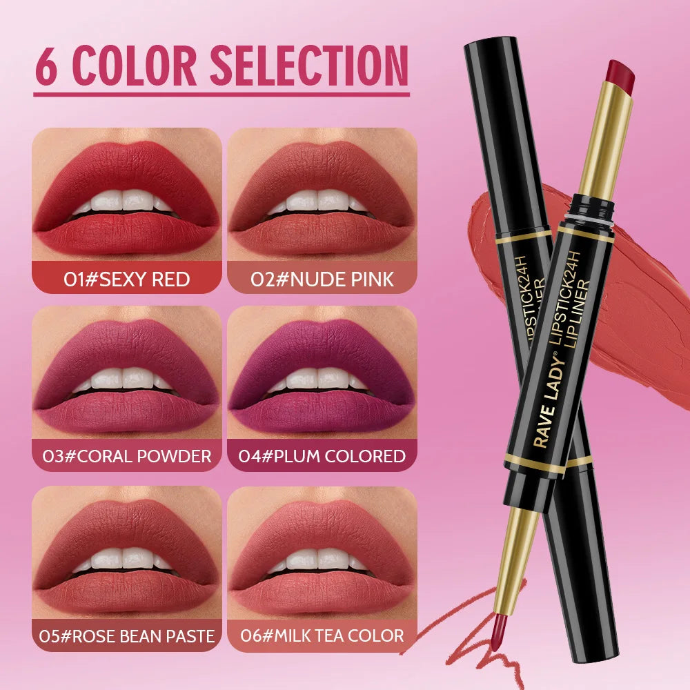 Rave Lady 2 IN 1 Matte Lipstick Lipliner Pencil 6 Color Christmas Gift Waterproof Lipstick Sexy Red Long Lasting Lipliner Makeup Oasis Select