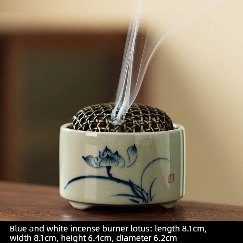1pcs Retro Chinese Incense Burner Blue White Porcelain with Hand-painted Landscape Indoor Desktop Aroma Ornament for Home Use Oasis Select Lotus