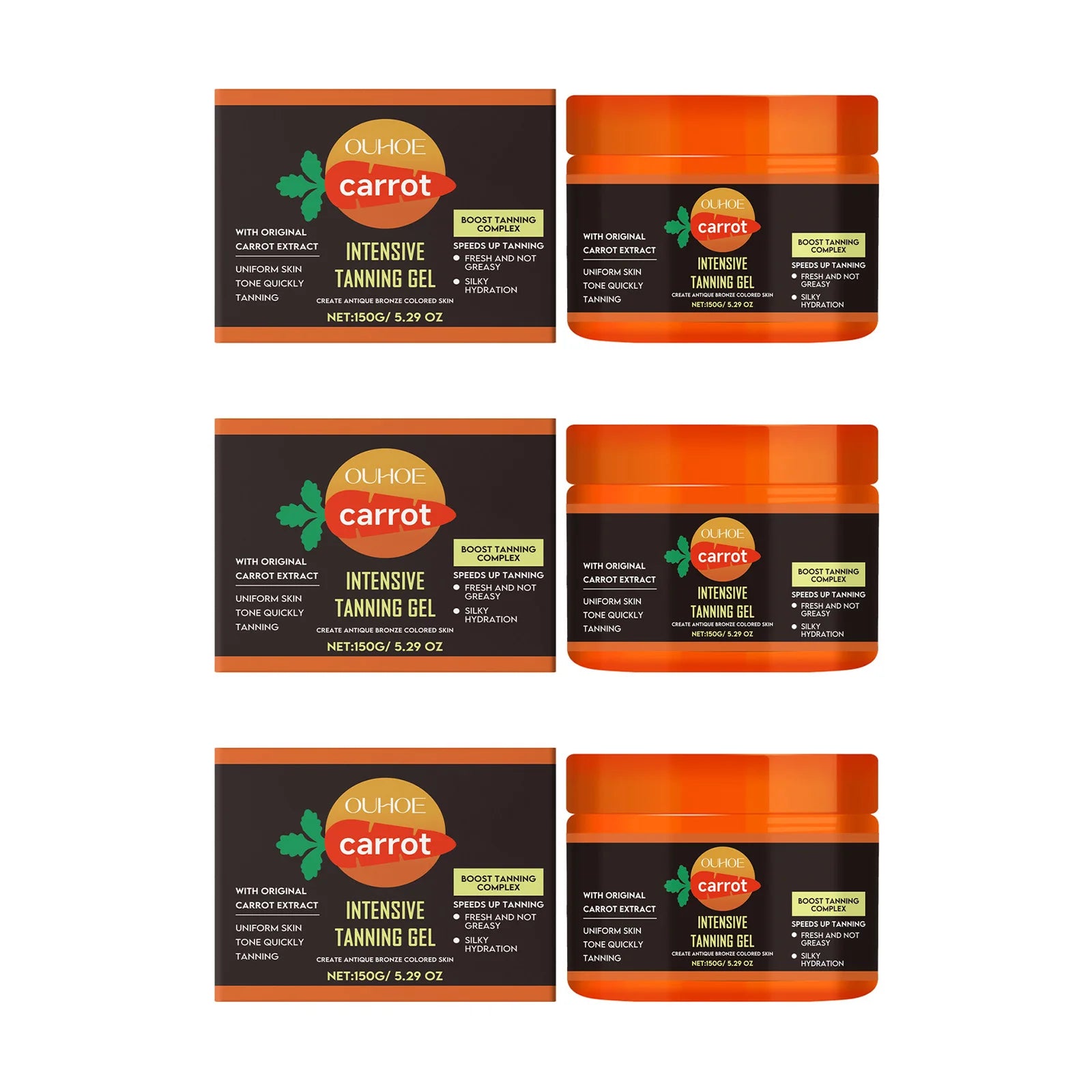 Carrot Tanning Gel Hydrating Lightweight Fast Absorbing Bronzing Gel Moisturizing Natural Sunless Tan Enhancer for Face & Body Oasis Select 3 x 150g Boxed