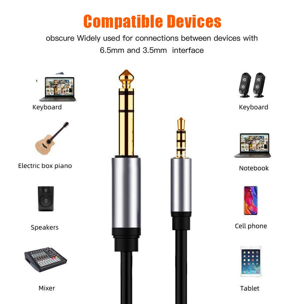3.5mm to 6.35mm Stereo TRS Audio Cable – AUX Adapter 1M–3M