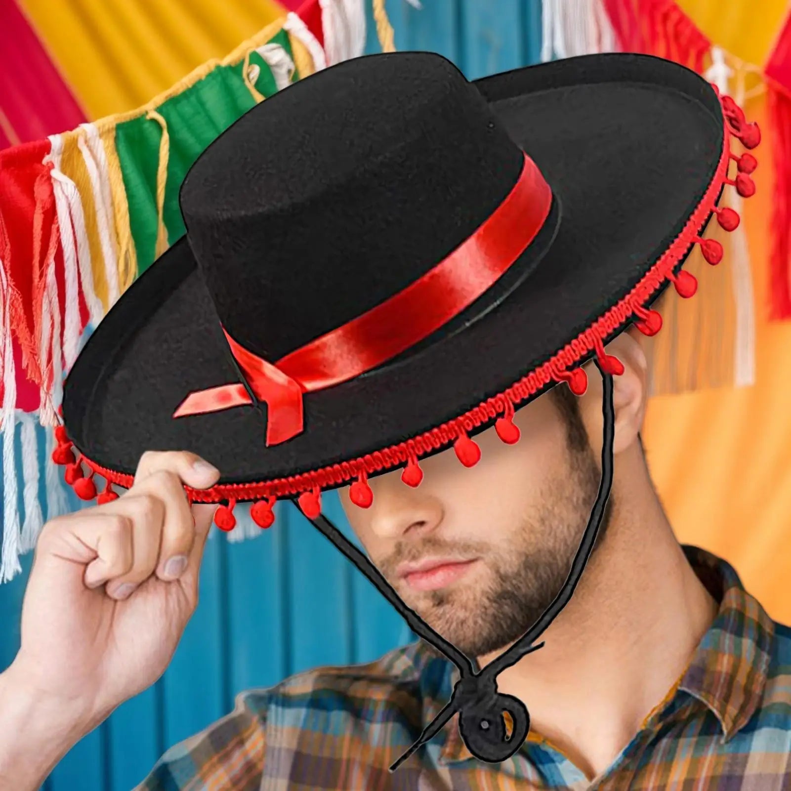 Mexican Sombrero Hat Large Festival Sombrero Party Hats Wide Brim Cosplay Costume with Pom-Poms Spanish Outfit Accessories Oasis Select