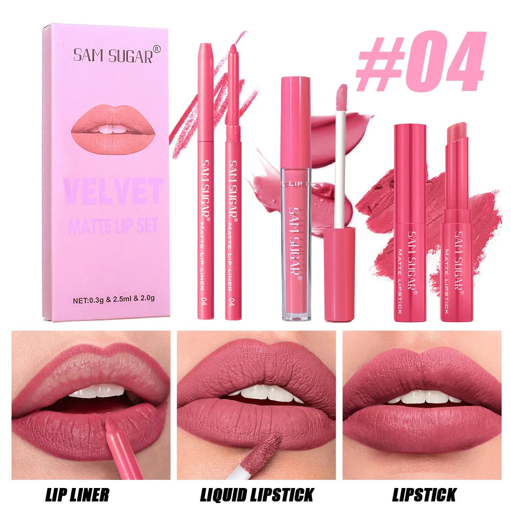 SAM SUGAR 3-in-1 Matte Lip Kit – Liner, Lipstick & Gloss Set
