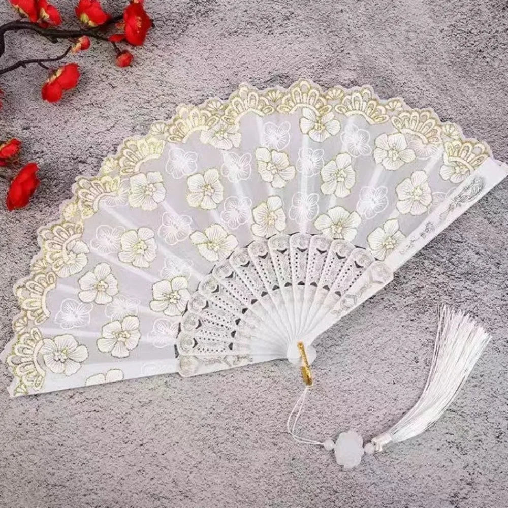 Chinese Folding Fan – Flower Pattern Hanfu Fan with Tassel