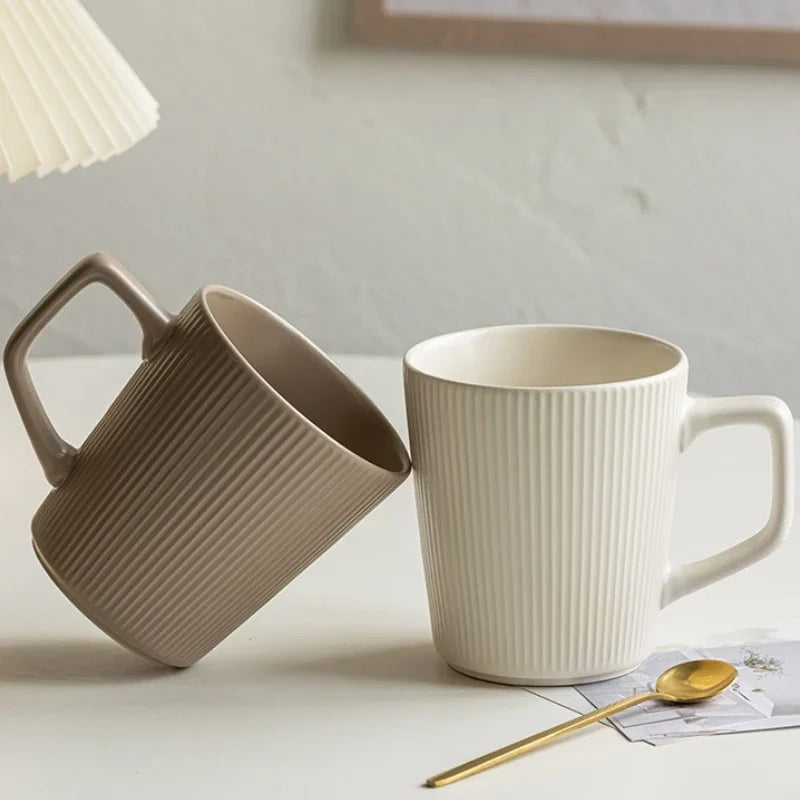 Coffee Cup Vintage Style Striped with Handle Simple Ceramic High Capacity Milk Breakfast Mug for Household Office Water Cup Oasis Select