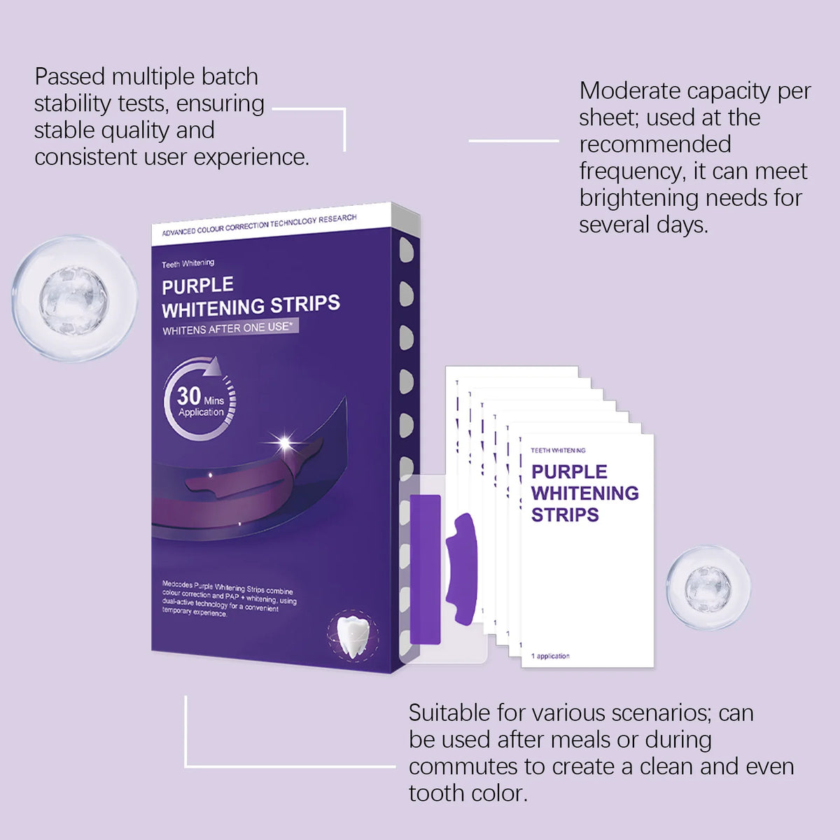 Purple Teeth Strips Color Correcting PAP Formula Gentle Brightening Dental Beauty Instant Glow Stain Removal Care Oasis Select