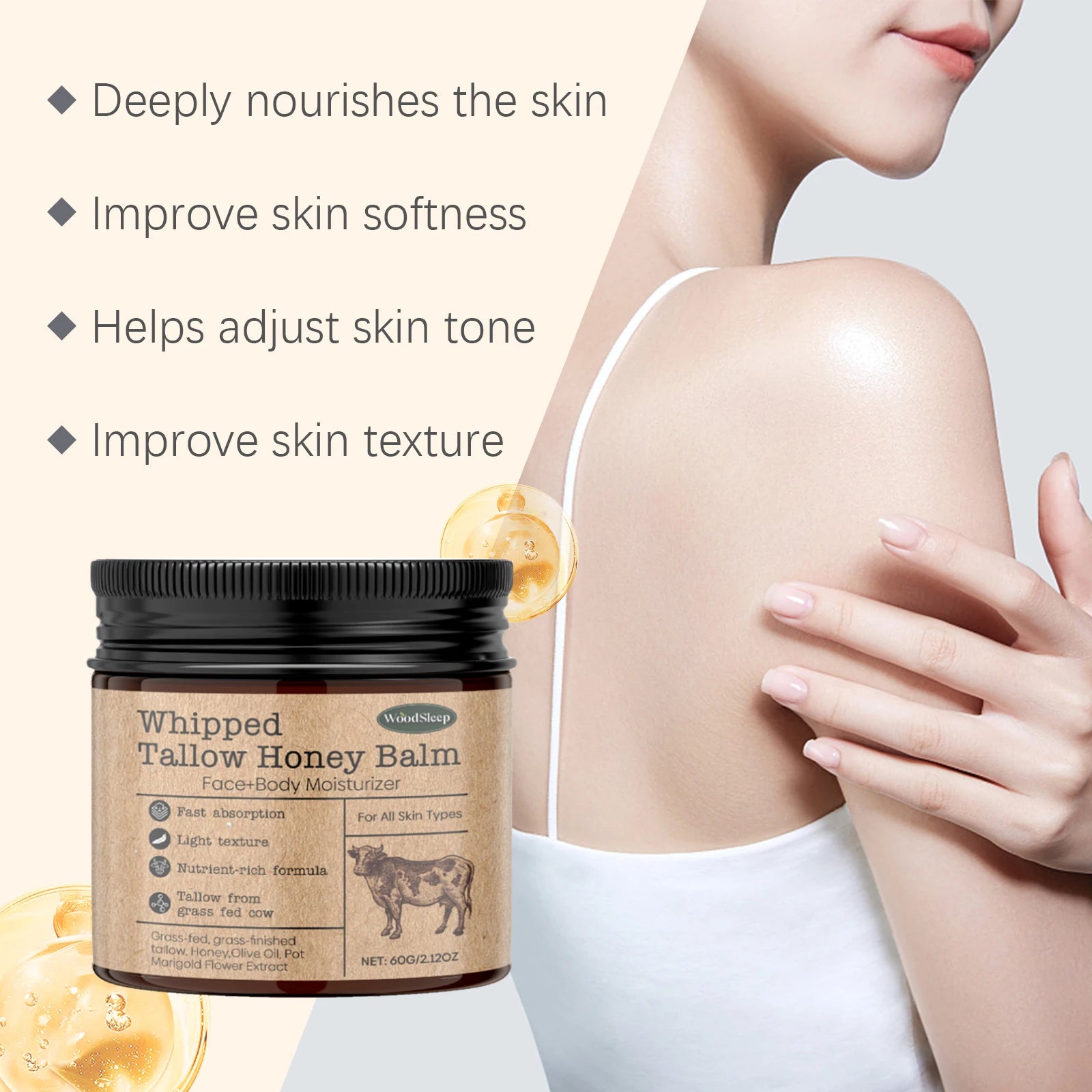 Whipped Beef Tallow Honey Balm Deeply Moisturizer Brightening Fast Absorption Grass Fed Grass Finished Face Cream Body Lotion Oasis Select