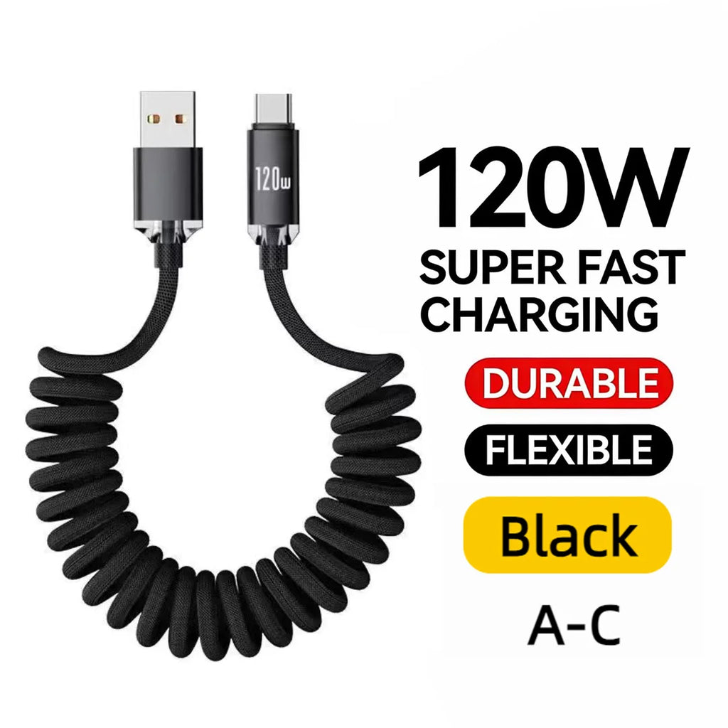 120W Spring USB Type C Cable Fast Charging For Huawei Xiaomi Mobile Phone Type C To USB C Cable For iPhone 15 16 Samsung Cable Oasis Select A to C Balck 1m