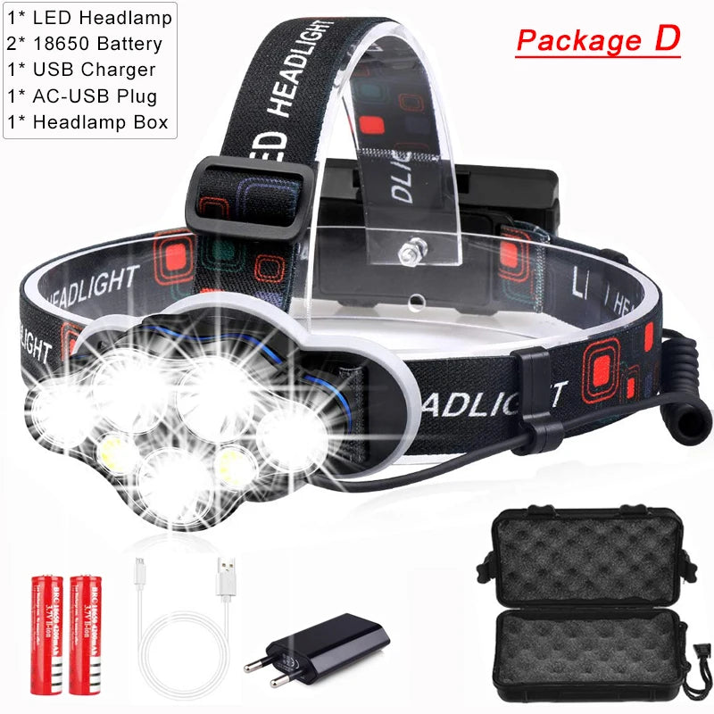 Most Powerful 7 LED Headlamp 18650 Rechargeable Headlight Waterproof Head Lamp Super Bright Head Flashlight Oasis Select Package D
