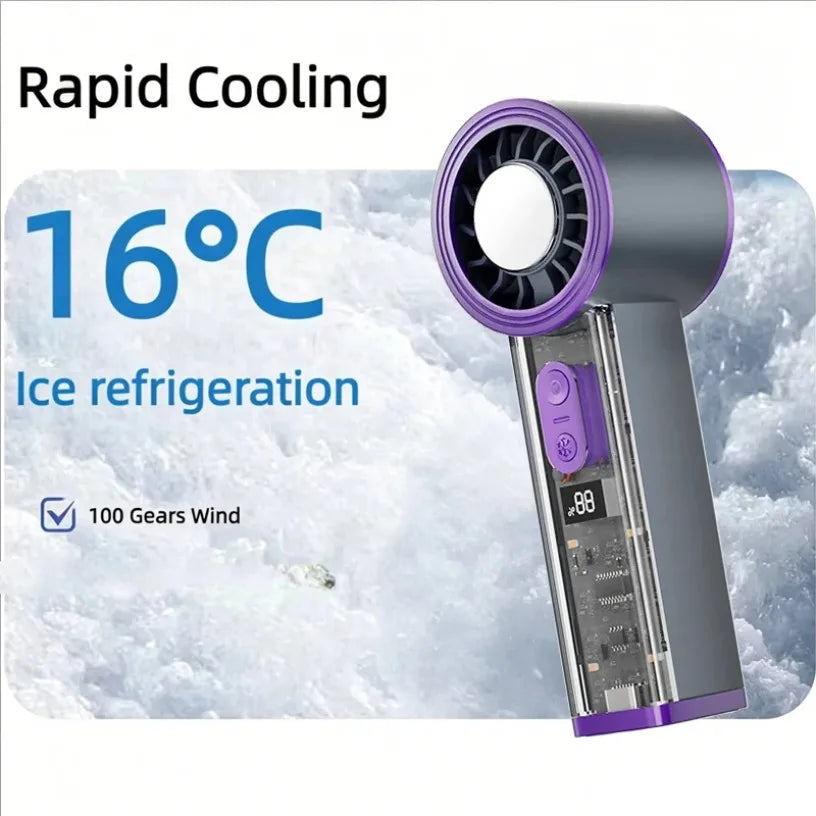 2026 New Transparent Semiconductor Cooling Handheld Fan 100 Speed Cold Compress 2000mAh Brushless Motor LED Light Portable Fan Oasis Select