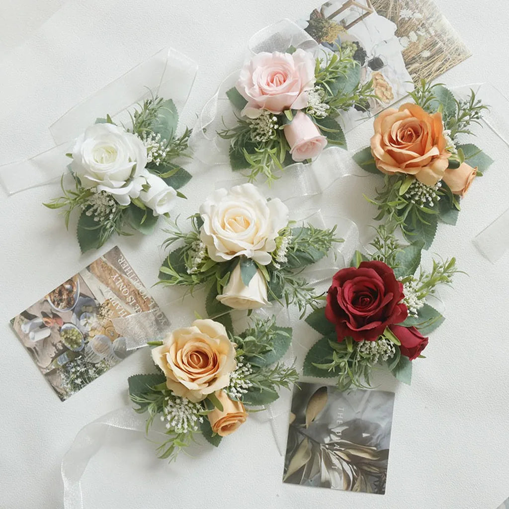 Wedding Artifical Flowers Silk Rose Boutonniere Ribbion Wrist Corsage Botonier Para Novio Boda Oasis Select