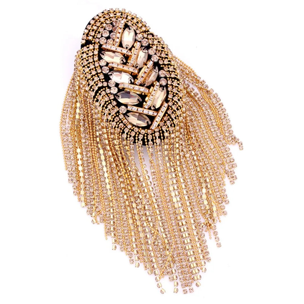 Rhinestone Shoulder Epaulette Tassel Brooch – Gold & Silver