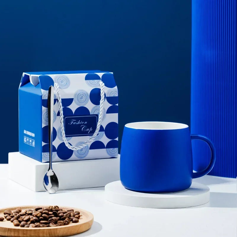 500ml Ceramic Coffee Mug with Spoon Gift Package Klein Blue Splash Ink Porcelain Mug Breakfast Oatmeal Cup Festival Gift Oasis Select Blue 500ml