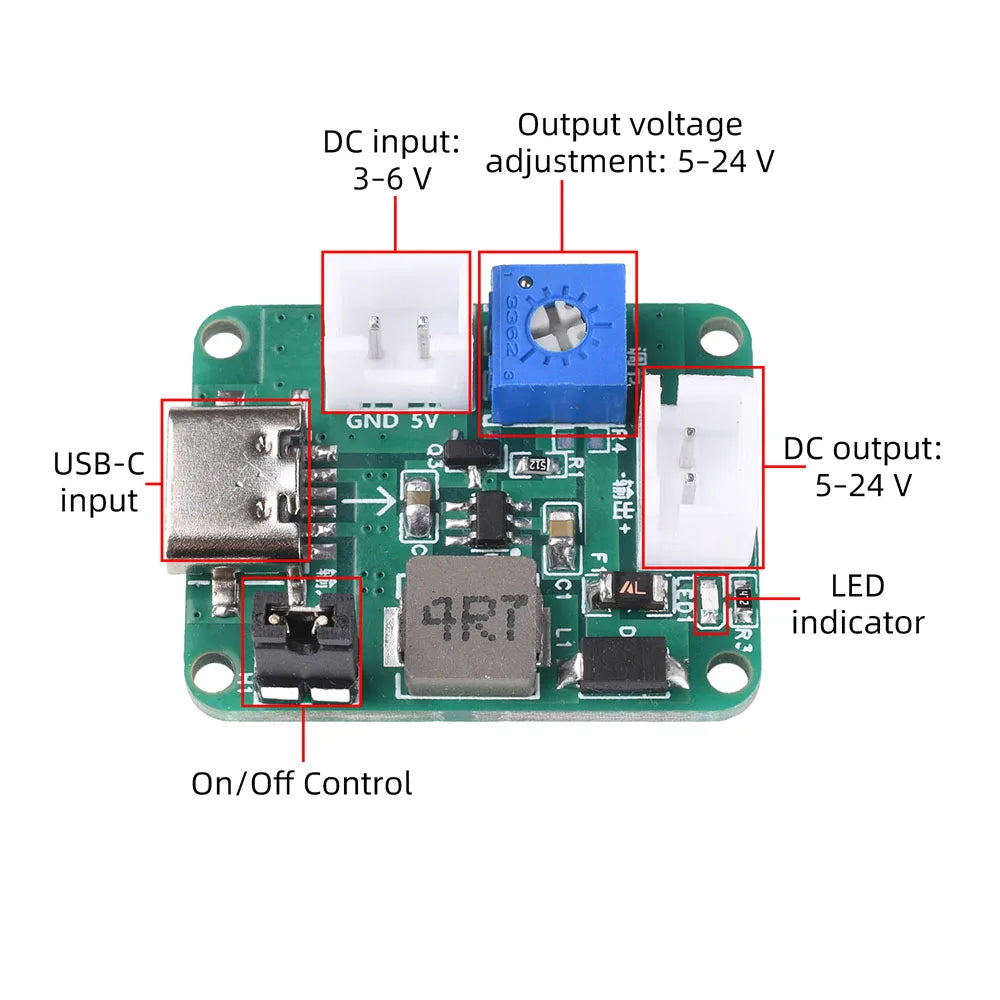Mini Adjustable Boost Module DC-DC Converter 3-6V Input to 5V 9V 12V or 24V Output Short-Circuit Protection Switch-Controlled Oasis Select