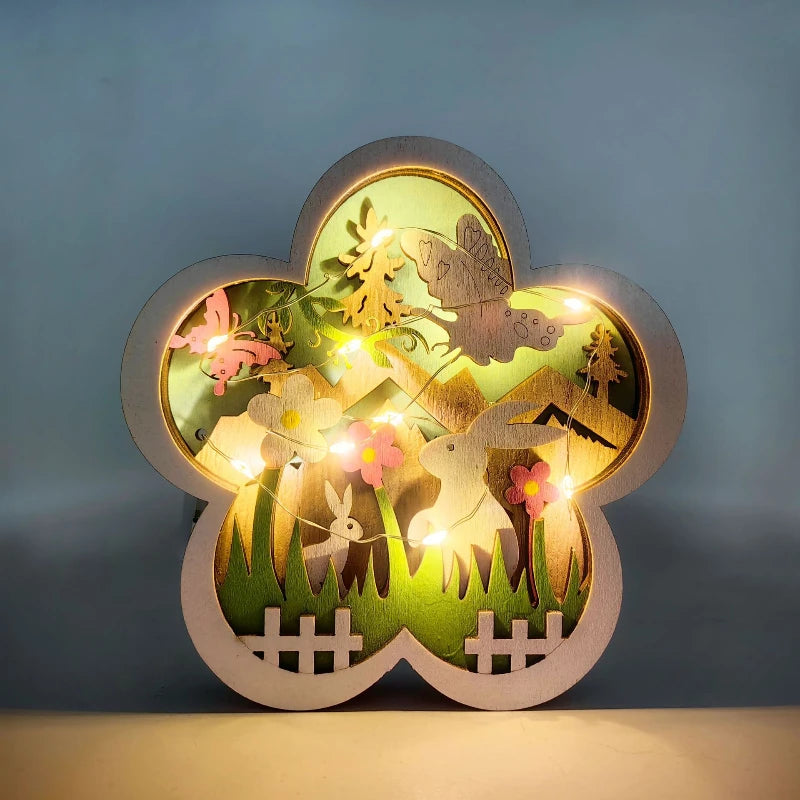 Easter Wooden Flower Lighting Creative Spring Rabbit Butterfly LED Light Decoration Pendant Oasis Select With lamp