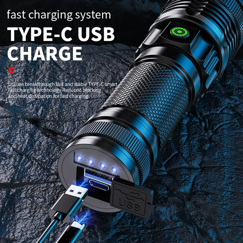 100000 Lumen Super Bright Spotlight Long Range LED Flashlight Built-in Battery USB Charging Waterproof Portable Camping Torch Oasis Select