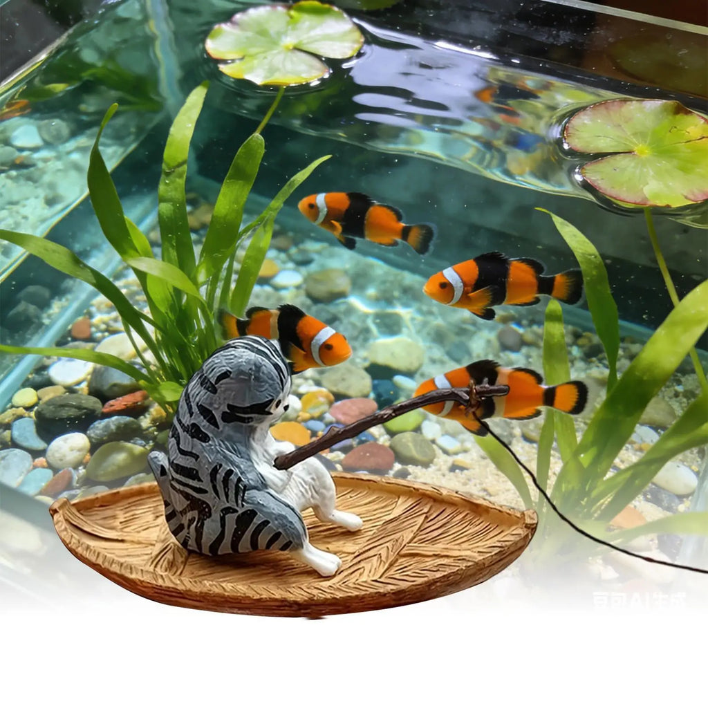 Fish Tank Decorations Creative Cat Fishing Boat Aquarium Ornament Resin Kitten Fishing Fish Tank Decor Garden Pond Landscaping Oasis Select