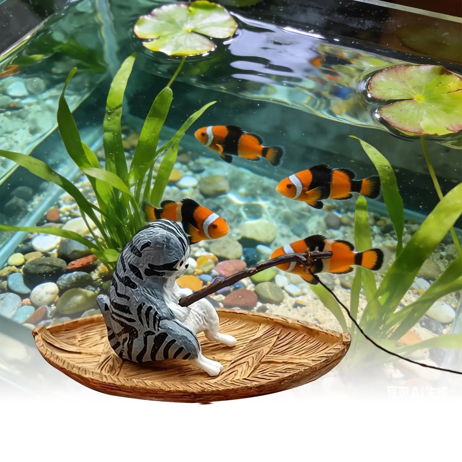 Fish Tank Decorations Creative Cat Fishing Boat Aquarium Ornament Resin Kitten Fishing Fish Tank Decor Garden Pond Landscaping Oasis Select