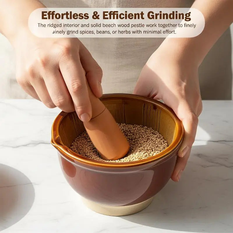 Ceramic Mortar And Pestle Set With Natural Wood Pestle Non Slip Base Perfect For Kitchen Grinding Spices Herbs Garlic Oasis Select