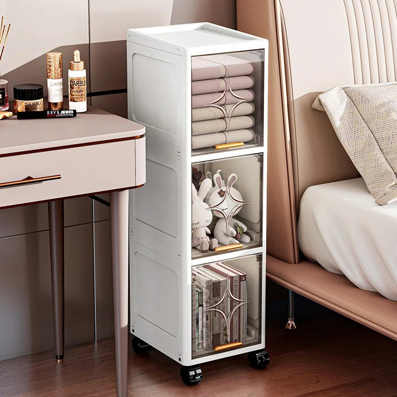 Heavy-Duty Space-Saving Flip Slim Cabinet 3-5 Tiers 20cm Wide Rolling for Kitchen Bedroom Bathroom Living Room 2 Colors Option Oasis Select