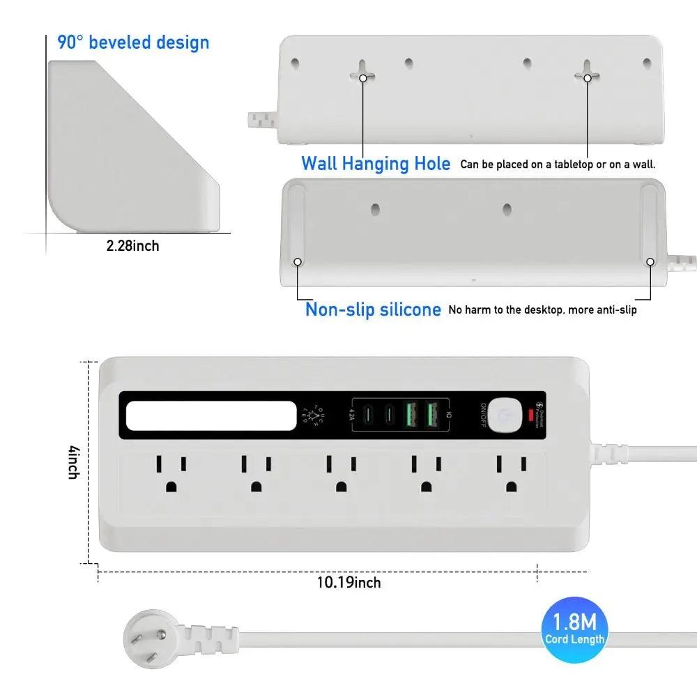 Touch Activated Desktop Charging Strip 3 Color 2AC 2USB Multi Outlet Power Socket Flame-Retardant Shell Lightweight Oasis Select