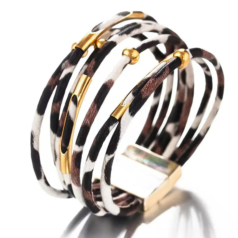 Vintage Metal Tube Leopard Leather Bracelet For Women Men Boho Multilayer Wrap Wide Bracelet Charm Jewelry Oasis Select