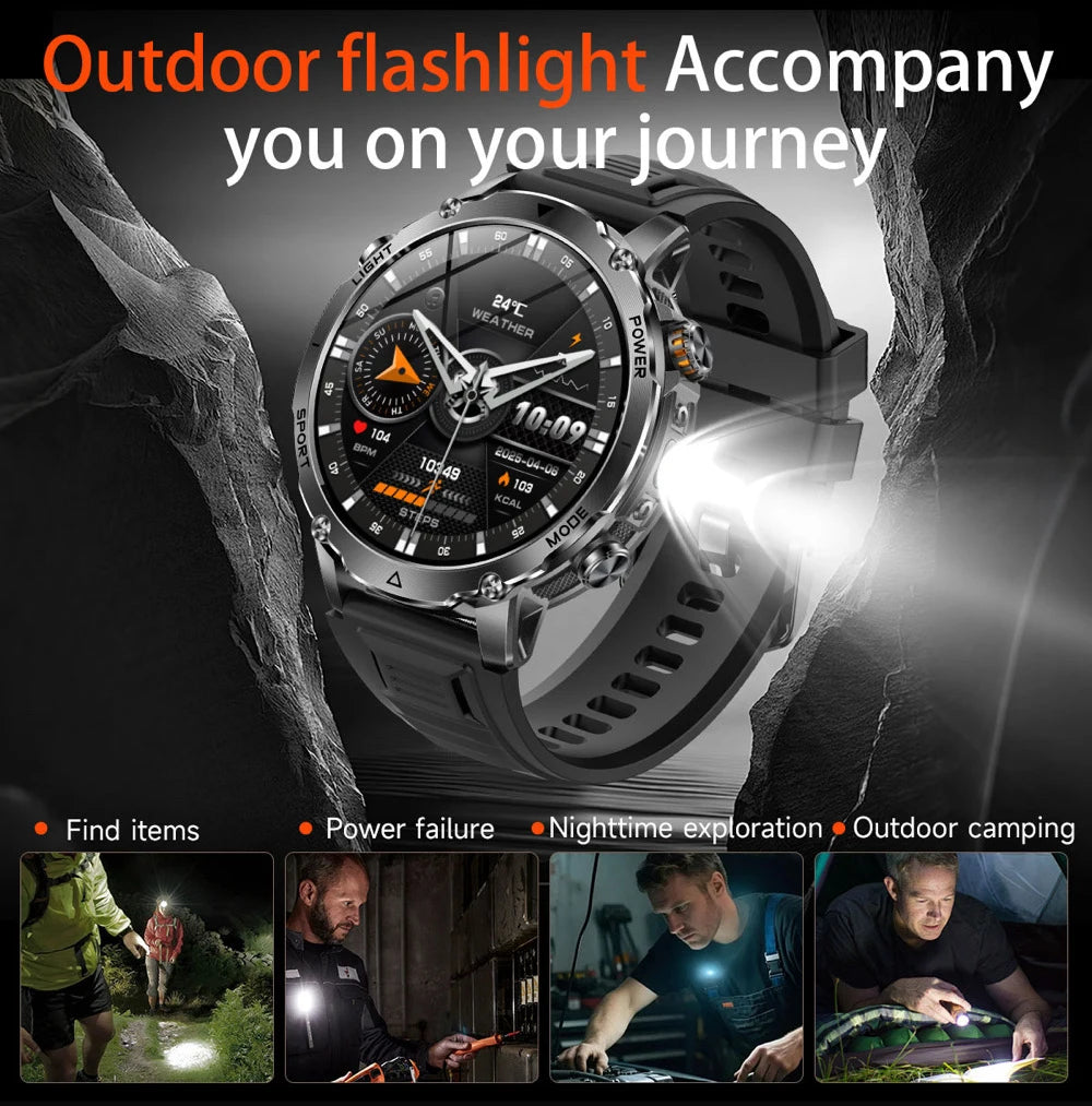 Military 1400mAh Battery Smart Watch Men Outdoor Flashlight Waterproof Heart Rate BT Call Sports Bracelet Health Smartwatch SOS Oasis Select