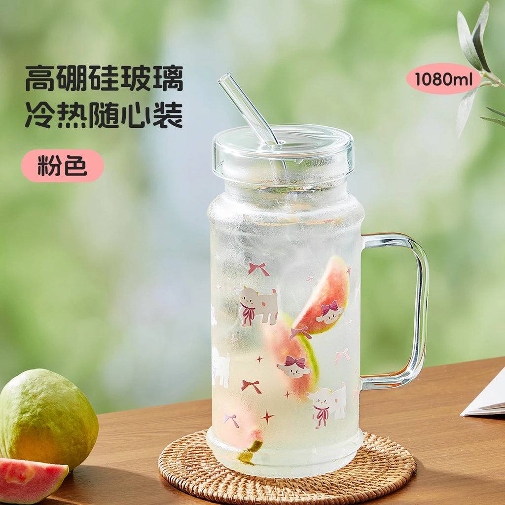 1080ml Large Capacity Straw Cup Glass Tumbler with Lid - Iced Coffee Cup, Reusable Drinking Cup for Coffee, Tea, Iced Americano Oasis Select Pink