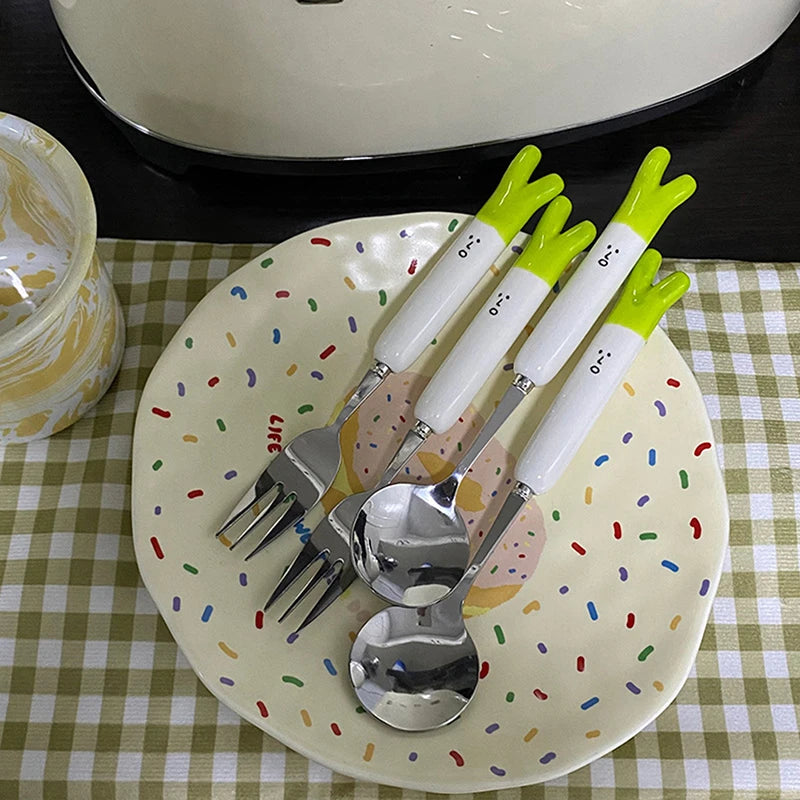 1Pcs Cute Cartoon Green Onion Stainless Steel Ceramic Tableware Creative Family Spoon and Fork Birthday Gifts for Boys Girls Oasis Select